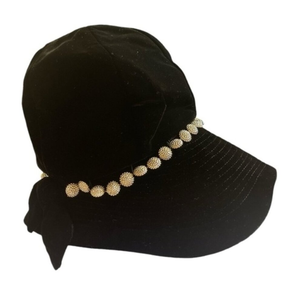 JACQUELINE black velvet 22” (57 cm) flower shaped hat back bow vintage